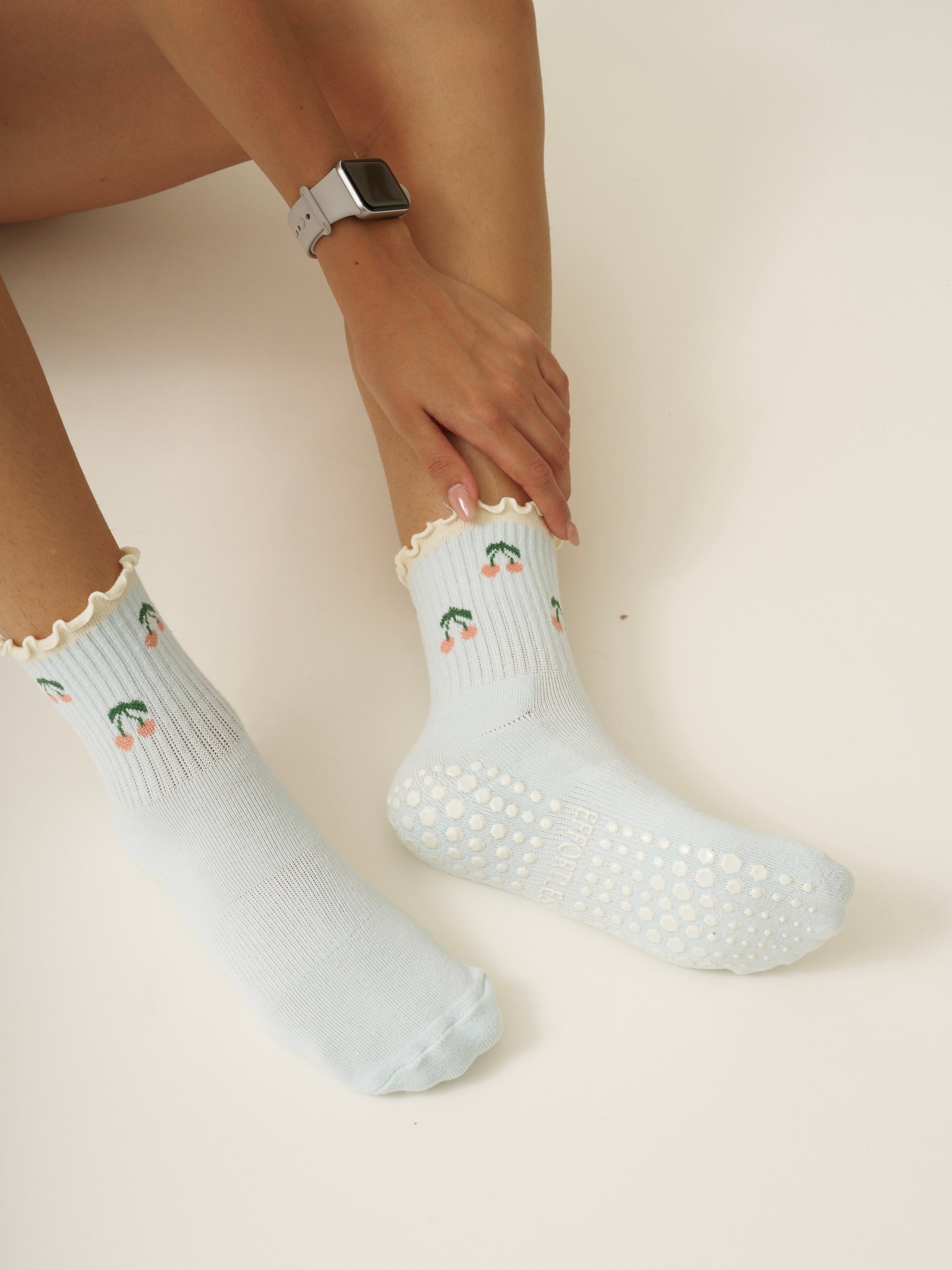 🍒 Cherry Ruffle Grip Sock [Baby Blue]